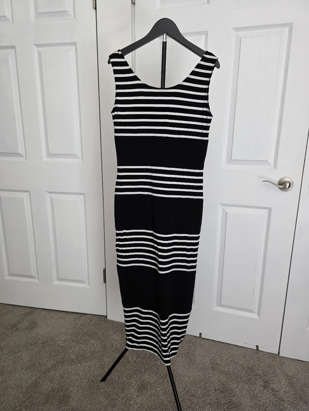 Joseph Ribkoff Black and White Striped Sleeveless Maxi Dress